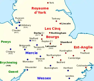 Carte montrant une partie des campagnes menées par Édouard et Æthelflæd.