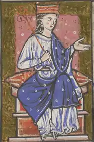 Æthelflæd dans le cartulaire de l'abbaye d'Abingdon, vers 1220 (manuscrit de la British Library, Cotton MS Claudius B VI, f.14).