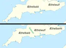 Deux cartes du sud de l'Angleterre. L'une montre Æthelbald régnant à l'ouest et Æthelwulf à l'est. L'autre montre Æthelbald régnant à l'ouest, Æthelwulf au centre et Æthelberht à l'est.