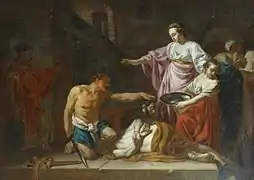Photographie d'un tableau représentant une scène de décapitation.