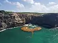 Échancrure de la pointe à Tortue et nappe de sargasses devant l'entrée de la grotte sous-marine