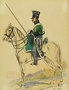 Un cavalier sur sa monture, armé d'une lance, vu de profil.