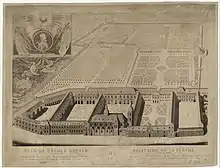 Plan en perspective de l'École royale militaire (au premier plan) et des terrains (au second plan).