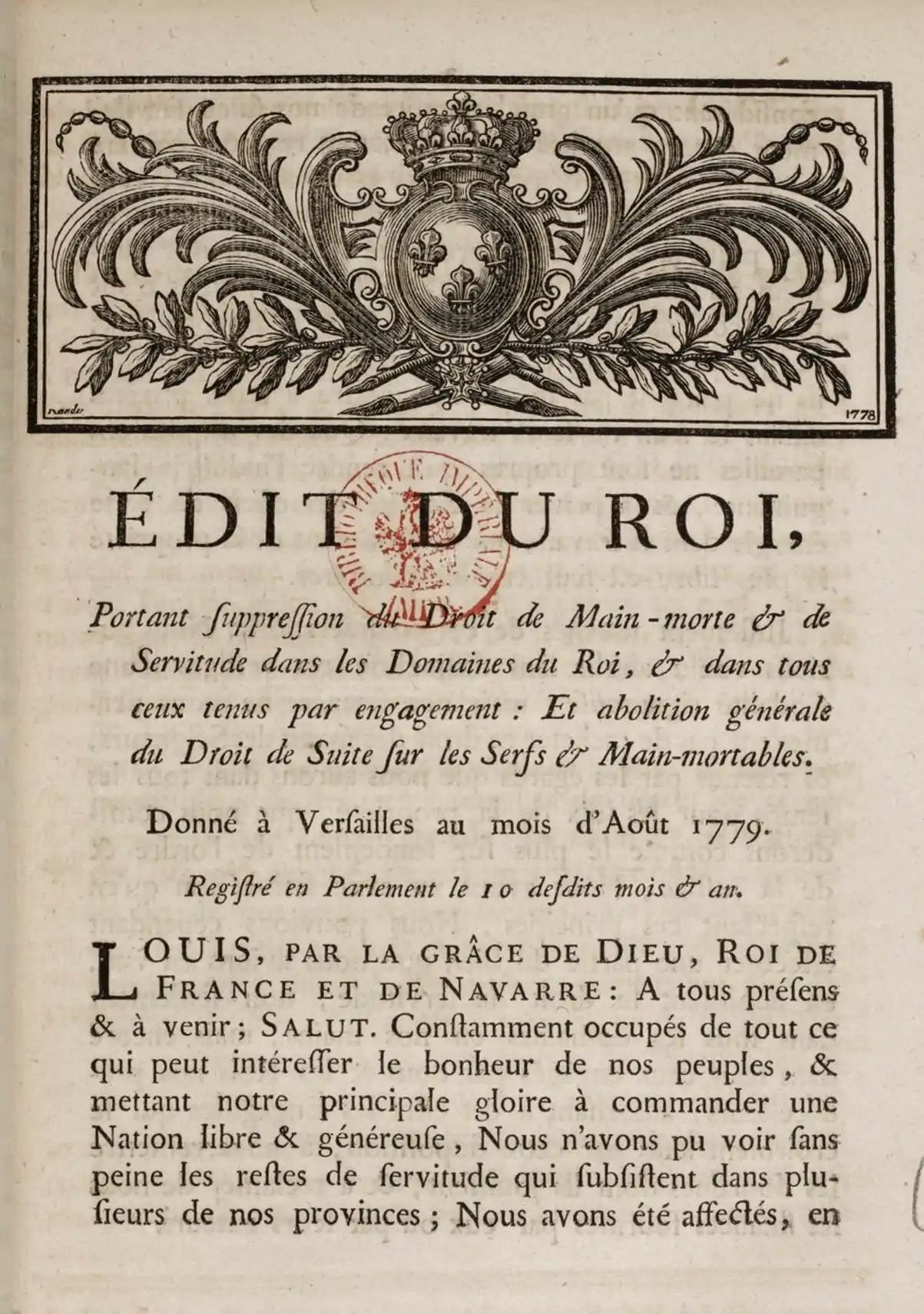 Description de l'image Édit portant suppression du droit de mainmorte, et de la servitude personnelle, dans les domaines du Roi, 1779.png.