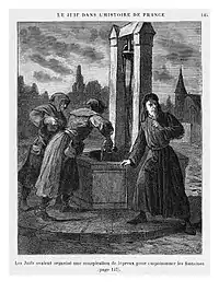 Un Juif incitant deux lépreux à empoisonner un puits, représentant le prétendu « complot des lépreux » de 1321,La France juive (1885)