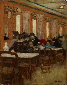 Ce tableau de Vuillard représente: de dos Ida Godebska (1872-1935), son fils Jean (1901-1990)  sur ses genoux; Assis de face avec un chapeau Cipa Godebski (1875-1937) et assis à son côté sa fille Mimi (1899-1949).