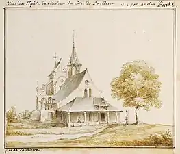 L'église de Meudon, voisine de la maison, au début du XVIIe siècle. Paris, Bibliothèque Mazarine, ms 3361, f°76, p. 96.