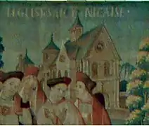 L'église Saint-Nicaise sur les tapisseries commandées par Robert de Lenoncourt (XVIe siècle) pour orner la Basilique Saint-Remi. On n'y reconnaît pas les tours gothiques de l'église