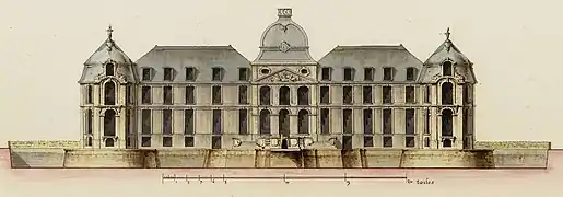 Elévation du château d'Everly du côté du jardin, 1785. Façade édifiée au milieu du XVIIIe siècle.