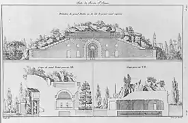 Élévation en noir et blanc de la façade arrière du Grand Rocher. En bas à gauche, section du Rocher au niveau de la partie centrale, en bas à droite, section de l’un des côtés.