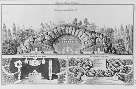 Élévation du Grand Rocher, celui-ci apparaît au devant d’arbres. En bas à gauche de la planche, un plan des pièces, en bas à droite, « Plan du Rocher à vue d’oiseau. ».