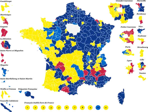 Candidats arrivés en tête dans chaque circonscription législative au 1er tour.