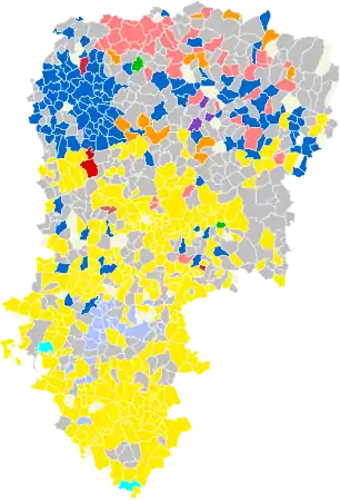Nuance politique des candidats arrivés en tête dans chaque commune au 1er tour dans le département de l'Aisne.