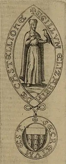 Dessin en noir et blanc représentant un sceau médiéval sur lequel figure une dame richement vêtue tenant un oiseau à la main gauche.