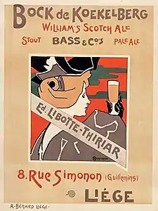 Affiche publicitaire en couleur montrant une femme buvant un verre de bierre.