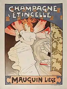 Affiche couleur montrant une femme sabrant le champagne.