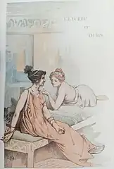Une femme assise, et une autre couchée discutent. Les deux femmes sont en toge.