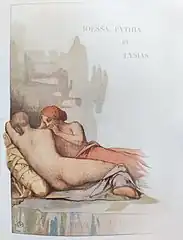 Un homme nu couché, de dos, face à une femme en toge rose.
