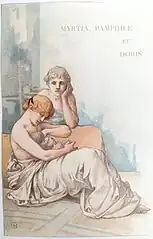 Une femme allaite, tandis qu'une autre regarde. Les deux femmes sont en toge.