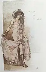 Femme en toge debout, dévoilant une jambe avec des sandales romaines.