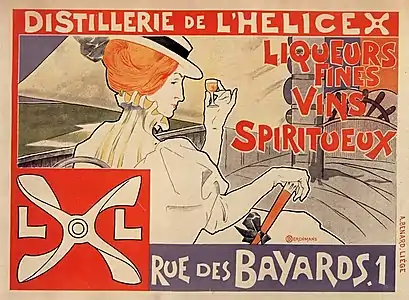 Affiche couleur montrant une femme rousse, portant un chapeau, une cane dans une main, sur un bateau.
