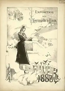 Affiche en noir et blanc montrant une dame emmitouflée dans un décor hivernal.