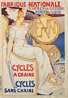Affiche couleur montrant une femme, déifé, assise et tenant un médaillon avec l'écriture FN.
