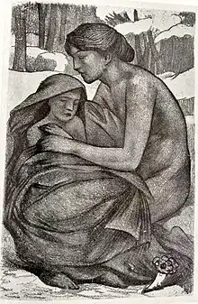 Gravure montrant une femme, tenant un enfant emitouflé, dans un décor hivernal.