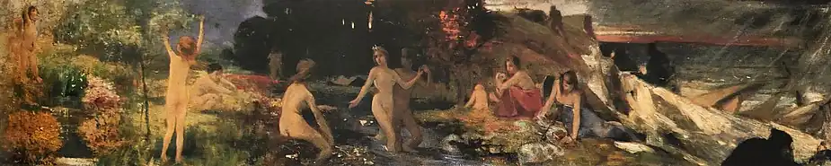 Fresque montrant des femmes se baignant dans un ruisseau.