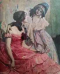 Deux femmes, en robe, discutant, assises.
