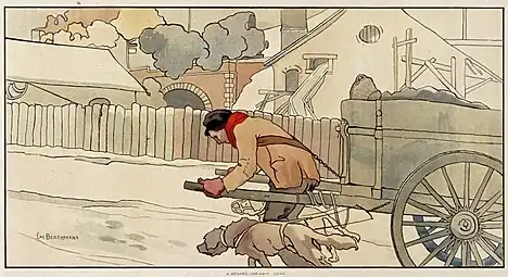 Un ouvrier tirant une caleche, le dos courbé sous le poids, avec deux chiens, de part et d'autre, l'aidant.