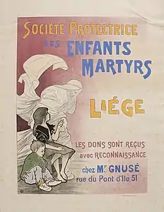 Société protectrice des enfants martyrs, vers 1900 (Lithographie en couleurs ; Inv. Renardy nº B-48 ; 54 × 32 cm), Barcelone, Musée national d'Art de Catalogne