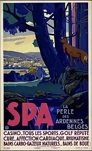 Affiche couleur montrant une forêt avec au loin une ville et un cerf en avant plan.