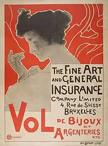 The Fine Art and General Insurance, vers 1895 (Lithographie en couleurs ; Inv. Renardy nº B-29 ; 73 × 53 cm), Barcelone, Musée national d'Art de Catalogne