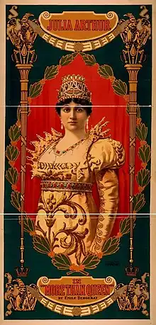 Affiche de Plus que Reine, drame en 5 actes et un prologue, 7 tableaux, Paris, Théâtre de la Porte Saint-Martin, 28 mars 1899.