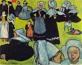 Tableau représentant un groupe de Bretonnes en tenue traditionnelle, peintes avec peu de détails, sur un fond vert vif.