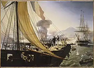 C’est depuis la dunette que le commandant donne ses ordres et observe le combat, comme ici le prince de Joinville sur la corvette La Créole en 1838.