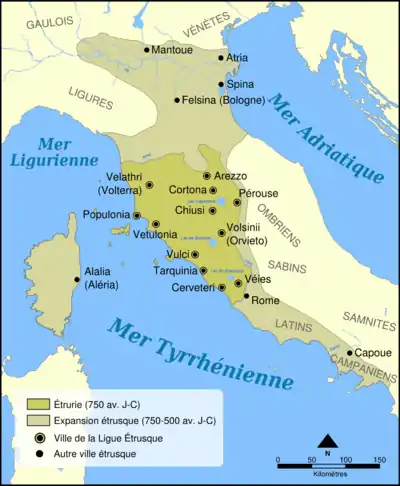 Carte de l'Italie, avec l'Étrurie qui s'étend au VIe siècle av. J.-C. de la baie de Naples jusqu'aux plaines du Pô, incluant la Corse.