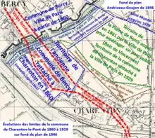 Évolutions des limites communales de Charenton de 1860 à 1929.