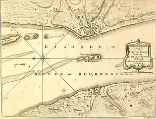 Carte de l'estuaire de la Gironde et son système défensif, appelé « verrou », entre la citadelle de Blaye, le Fort Pâté et le Fort Médoc