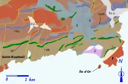 Carte géologique schématisée en couleur dessinée avec le logiciel Inkscape.