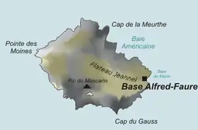 Carte de l'île de la Possession avec Port Alfred et la base Alfred-Faure.
