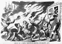Illustration en noir et blanc. Dans une pièce des enfants essaient d'échapper aux flammes.