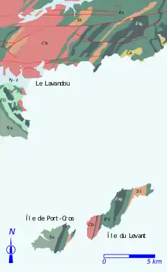 Carte géologique coloriée des îles de Port-Cros, du Levant et du massif des Maures en regard