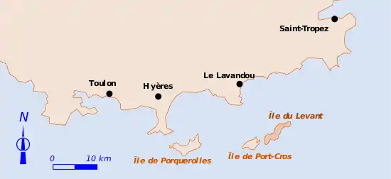 Schéma coloré d'une côte avec quelques chefs lieux et des îles adjacentes.