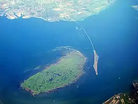 Vue aérienne de Saltholm et du pont de l'Øresund.