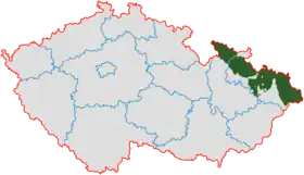 Localisation de la Silésie (en vert) en Tchéquie ; en rouge, les frontières actuelles de la république tchèque.
