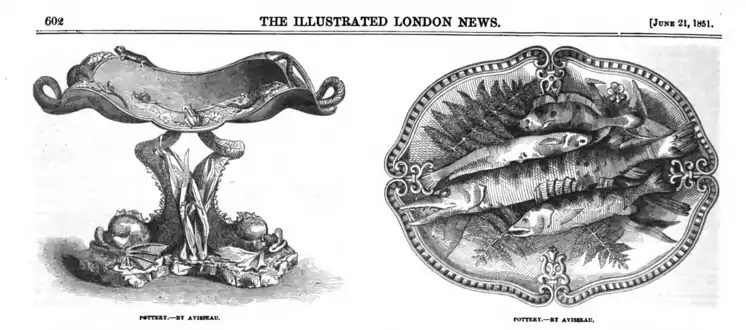 Charles-Jean Avisseau (d'après), Vasque rustique portée par des dauphins et Plat de poissons, 1851, Londres, Illustrated London News.