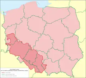 La Silésie du début des temps modernes par rapport aux frontières actuelles de la Pologne.