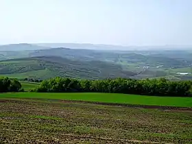 À gauche de la photo, la colline de Bălănești vue du sud-est à une distance de trente kilomètres.